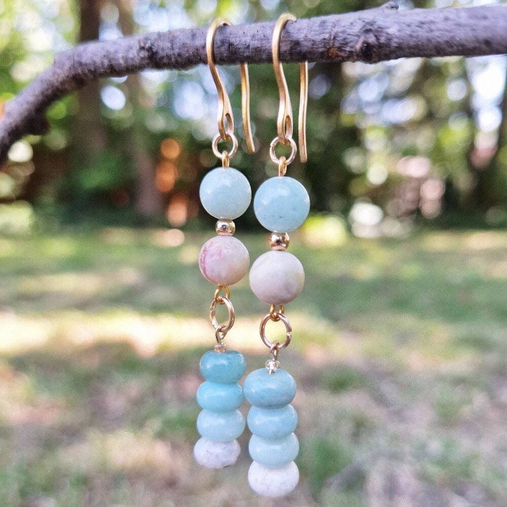 Amazonite Stone Gold French Hook Dangle Earrings Boho Chic Coastal Summer Gifts - Picture 3 of 4